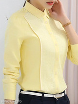 Turn Down Collar Patchwork Plain Puff Sleeve Blouses