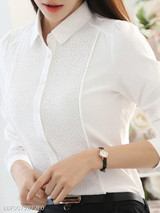 Turn Down Collar Patchwork Plain Puff Sleeve Blouses