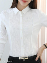 Turn Down Collar Patchwork Plain Puff Sleeve Blouses