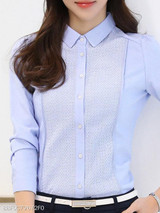 Turn Down Collar Patchwork Plain Puff Sleeve Blouses