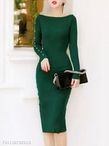 Two Way Plain Decorative Button Knitted Midi Bodycon Dress