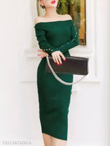 Two Way Plain Decorative Button Knitted Midi Bodycon Dress