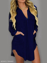 Turn Down Collar Patch Pocket Plain Shift Dress