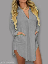 Turn Down Collar Patch Pocket Plain Shift Dress
