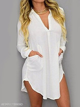 Turn Down Collar Patch Pocket Plain Shift Dress