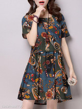 Tribal Printed Round Neck Pocket Shift Dress