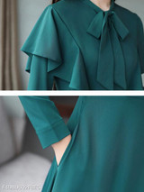 Tie Collar Flounce Plain Skater Dress