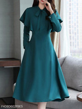Tie Collar Flounce Plain Skater Dress