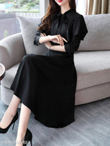 Tie Collar Flounce Plain Skater Dress