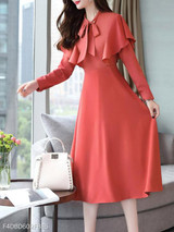 Tie Collar Flounce Plain Skater Dress