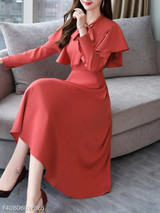 Tie Collar Flounce Plain Skater Dress