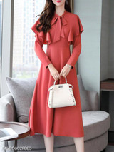 Tie Collar Flounce Plain Skater Dress