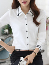 Turn Down Collar Contrast Piping Chiffon Blouse