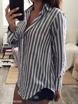 Turn Down Collar Asymmetric Hem Vertical Striped Long Sleeve Blouses