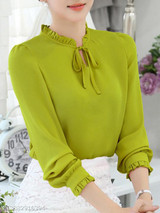 Tie Collar Ruffle Trim Keyhole Plain Blouse