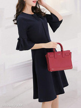 Tie Collar Plain Bowknot Bell Sleeve Skater Dress