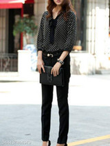 Tie Collar Polka Dot Long Sleeve Blouses