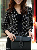 Tie Collar Polka Dot Long Sleeve Blouses