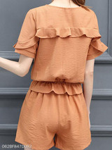 Summer Polyester Women Round Neck Flounce Plain Short Sleeve Blouses And Shorts