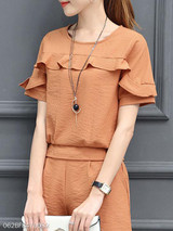 Summer Polyester Women Round Neck Flounce Plain Short Sleeve Blouses And Shorts