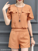 Summer Polyester Women Round Neck Flounce Plain Short Sleeve Blouses And Shorts