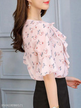 Summer Polyester Women Tie Collar Floral Printed Bell Sleeve Half Sleeve Blouses