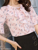 Summer Polyester Women Tie Collar Floral Printed Bell Sleeve Half Sleeve Blouses