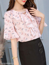 Summer Polyester Women Tie Collar Floral Printed Bell Sleeve Half Sleeve Blouses