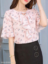 Summer Polyester Women Tie Collar Floral Printed Bell Sleeve Half Sleeve Blouses