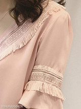 Summer Polyester Women V-Neck Fringe Plain Bell Sleeve Half Sleeve Blouses