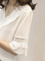 Summer Polyester Women V-Neck Fringe Plain Bell Sleeve Half Sleeve Blouses