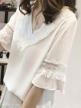 Summer Polyester Women V-Neck Fringe Plain Bell Sleeve Half Sleeve Blouses