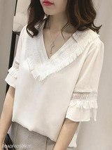 Summer Polyester Women V-Neck Fringe Plain Bell Sleeve Half Sleeve Blouses