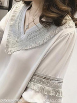 Summer Polyester Women V-Neck Fringe Plain Bell Sleeve Half Sleeve Blouses