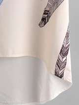 Summer Polyester Women Round Neck Asymmetric Hem Floral Feather Printed Short Sleeve Blouses