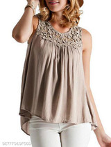 Summer Cotton Women Round Neck Decorative Lace Plain Sleeveless Blouses