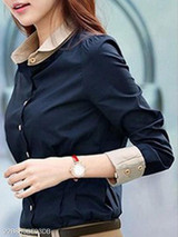 Summer Polyester Women Turn Down Collar Single Breasted Plain Long Sleeve Blouses