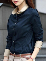 Summer Polyester Women Turn Down Collar Single Breasted Plain Long Sleeve Blouses
