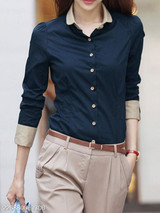 Summer Polyester Women Turn Down Collar Single Breasted Plain Long Sleeve Blouses