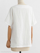 Summer Linen Women V-Neck Plain Short Sleeve Blouses