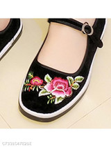 SOCOFY Embroidery Floral Flat Cotton Ankle Strap Round Toe Casual Flat & Loafers