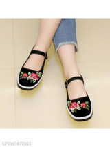 SOCOFY Embroidery Floral Flat Cotton Ankle Strap Round Toe Casual Flat & Loafers