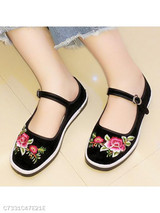 SOCOFY Embroidery Floral Flat Cotton Ankle Strap Round Toe Casual Flat & Loafers