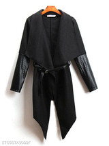 Lapel Asymmetric Hem Patchwork Belt Plain Coat