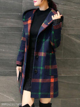 Hooded Patch Pocket Single Breasted Plaid Coats