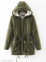 Hooded Drawstring Plain Coat