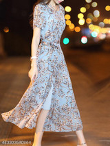Round Neck Slit Floral Printed Maxi Dress