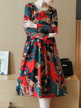 Round Neck Ruched Abstract Print Skater Dress