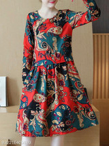 Round Neck Ruched Abstract Print Skater Dress