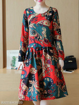 Round Neck Ruched Abstract Print Skater Dress